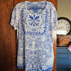 Style & Co Blue White Patterned Top Women’s XL | Sparkle Accents Short Sleeve